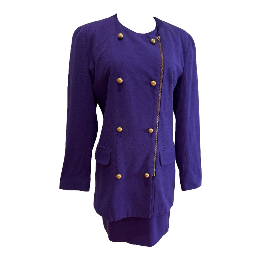 80s THE LIMITED WOOL PURPLE LONG JACKET ZIP MOTO FRONT & PENCIL MINI SKIRT SZ 8 - Picture 3 of 8
